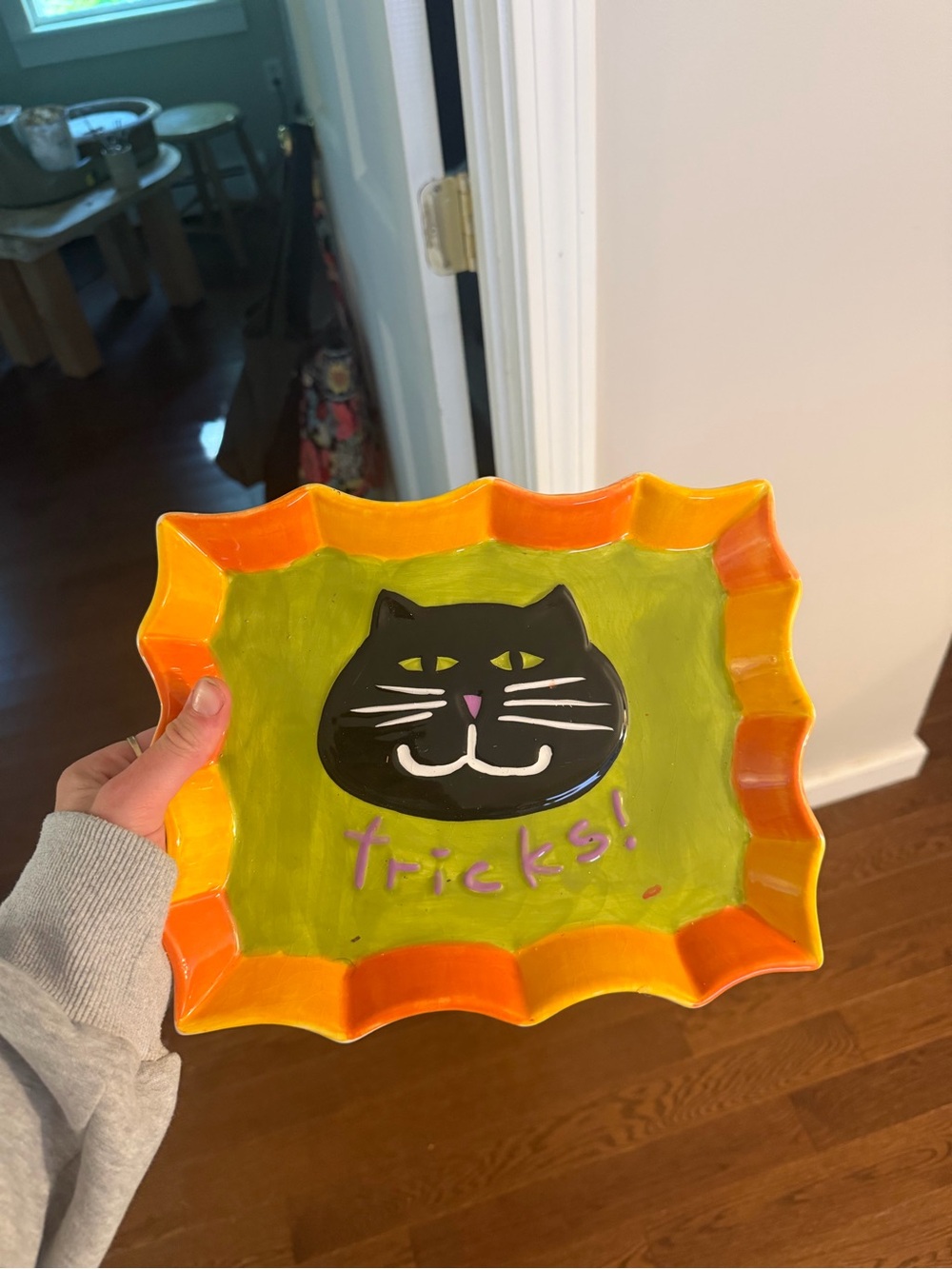 Hand-Painted Green & Orange Cat Decorative Trinket Dish
